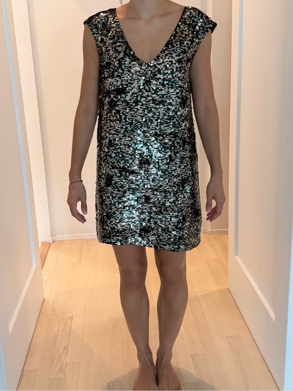 French Connection Black and Silver Sequin V-Neck Shift Mini Dress